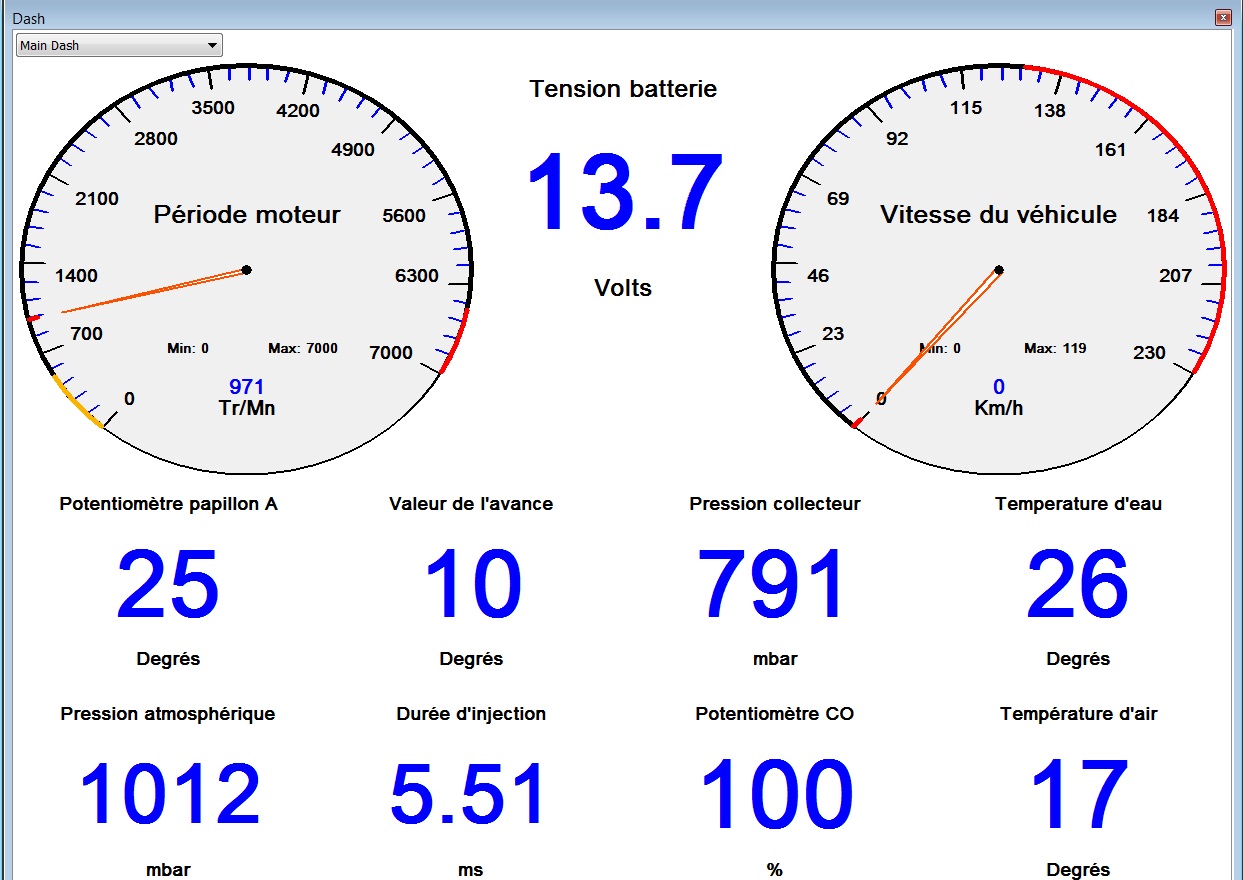 Dashboard sous Tuner Pro RT.